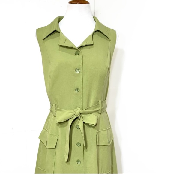 SOLD-Modcloth Buttondown Belted Olive Green Sleeveless Shirtdress - Picture 7 of 12